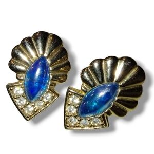 Sarah Coventry Blue Cabochon Rhinestone Fan Earrings | Gold Tone
